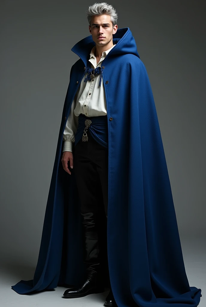  He has gray hair and an open blue dracula-style robe,  but it is tied around the waist,  black pants ,  hes a young man not so formal clothing more feudal, White shirt inside the cloak , Feudal style the cloak 