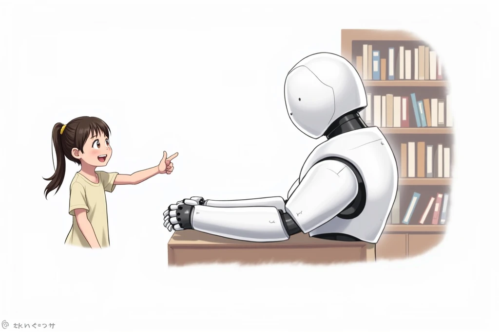 A young girl with a ponytail and a light-colored top is positioned slightly left of center, interacting with a white robot. The girl is smiling and pointing her index finger at the robot, which is positioned to her right.  The robot is facing the girl, sho...