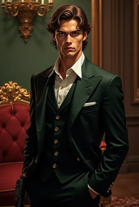 Create a man with wavy brown hair and green eyes who looks like the son of a Mafia boss