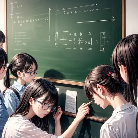 Nothing is written on the big blackboard、The one standing on the left end in front of the blackboard、female teacher wearing glasses