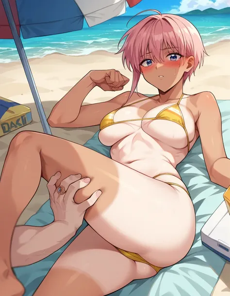 masterpiece、 best quality、4K. Max Image、(Nakano Ichika,  Pink Hair,  shorthair、retro bikini 　Big Breasts　  girl１people、)Beach、 beach umbrella、 beach sheet　nsfw(1.4)　　Displeased　blush　 face down 　 face focus 　Lying down　 full body　tanline　old　man、　Man givin...