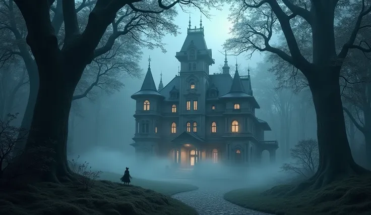  Luxurious mansion in the middle of a forest at night,From afar covered in mist . shrouded in haze  