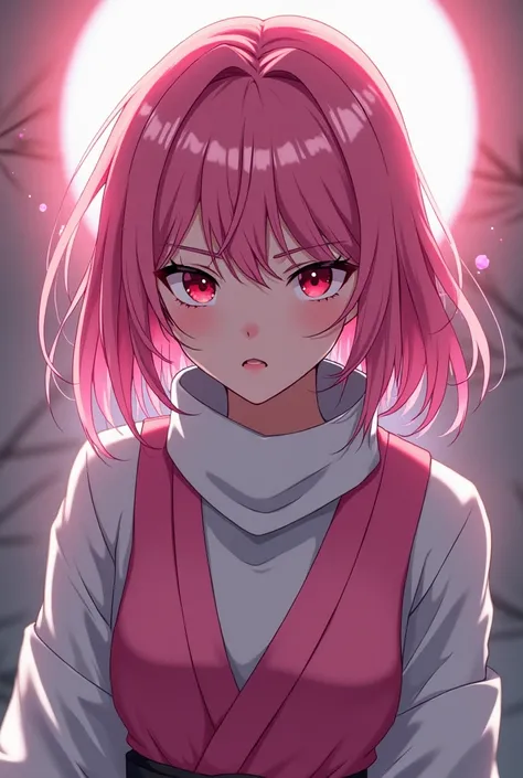 Anime girl, He is 20 years old,  her hair is pink and her eyes are crimson red,  she has an impressive aura on her face , She is a ninja but her costume is white and she has a pink vest