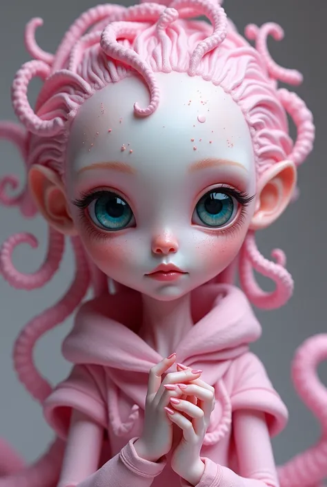 Cute light pink alien woman with pastel goth clothes, dark aquamarine eyes, dark magenta freckles, and dark pink octopus like hair