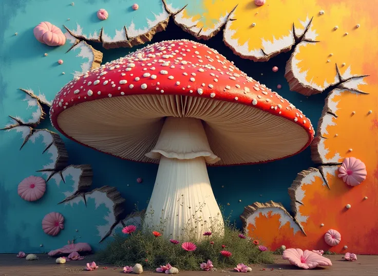 
Award Winning, High Quality, Quality, UHD,  Illustrate a surreal scene, optical illusion, where a giant 3D mushroom seems to rip through a colorful canvas. The torn edges should give a sense of motion, with spores scattering in the air. Emphasize the mush...