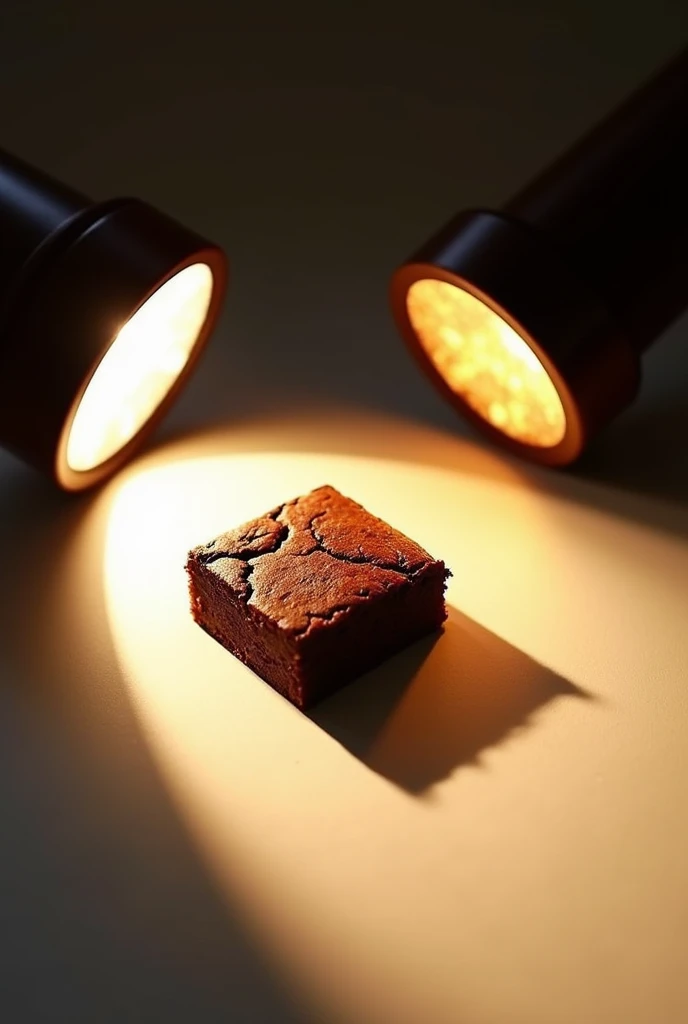 in a scene ,  two reflectors illuminate a piece of brownie. The light from the reflectors cast a shadow ,  but its not a brownie shade but a panettone shade