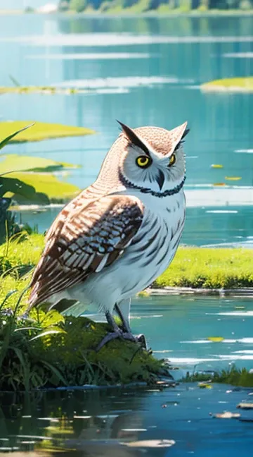 watercolor、(Quiet Lake :1.5)、  beautiful color  、 beautiful owl，Professional photography， professional photos， Details， high definition ， best quality，masterpiece:1.3，Wide angle，