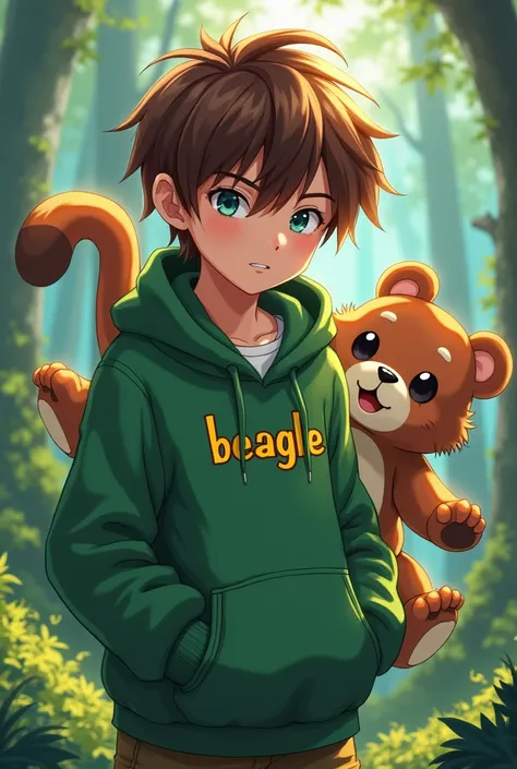 A brown-haired boy Dragon Ball Z gamer ,with a green poleron and in the center of the poleron is written on the beagle in yellow small letters
 And an epic and cuddly anime bear the little bear alive and with brown gamer fur all epic that the environment i...