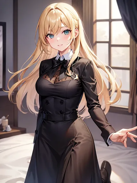 German girl, blonde hair, green eyes, wearing black suit, formal wear