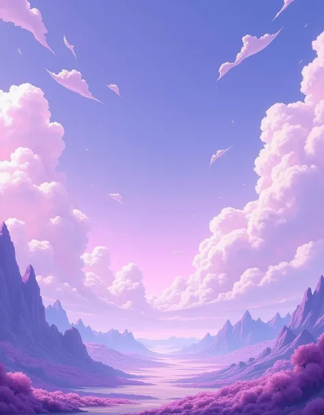 generates an image of a violet world with strange things and that its anime-style and doesnt see people, Let it be a world of only clouds