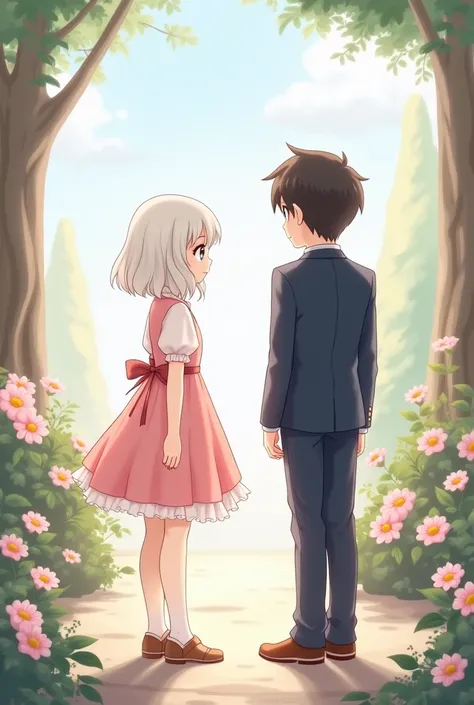 A white-haired girl in a short pink dress with a black-haired boy and a dark blue suit to show her faces straight ahead 