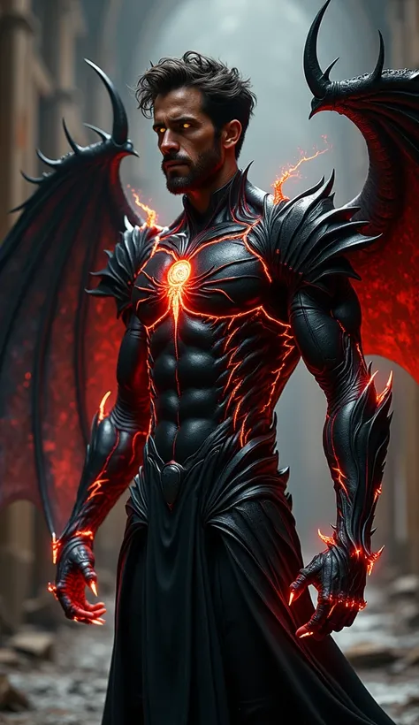 A hyper-realistic, three-quarter body portrait of a dark, powerful male character inspired by Ryan Reynolds, where his athletic build merges seamlessly with an organic, single-armored structure that grows directly from his body. The armor, a blend of dark ...