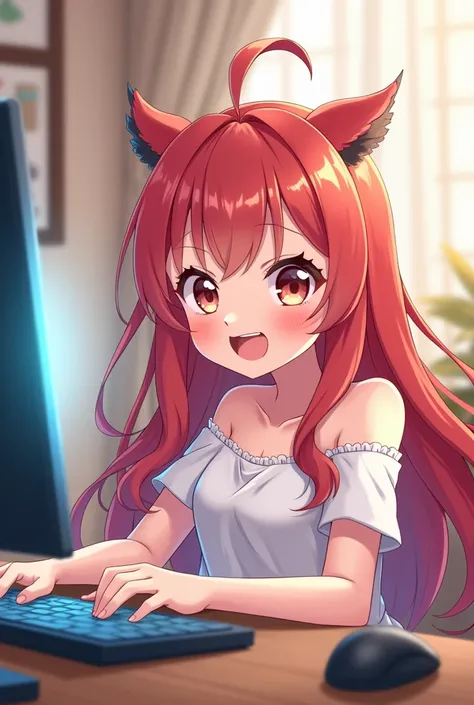  A very cheerful anime girl with long hair and two little bat hooks on her head, wearing bare shoulders and playing on the computer 