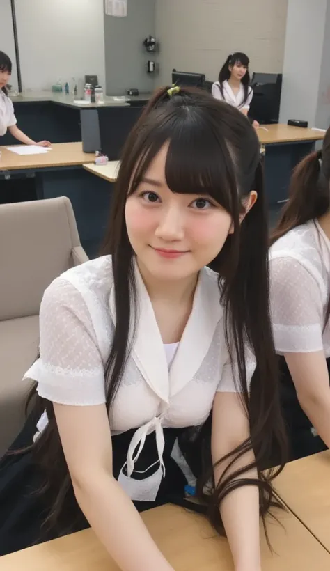 At school,  they are wearing loose-chested blouses,  stand with their elbows at the desk ,  holding down your cheeks , And they look forward and smile 、Angle of view is from above

