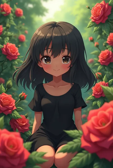 Beautiful anime girl with medium long black hair with dark skin with dark waves and a chubby black dress in a garden with a red rose bush playing
