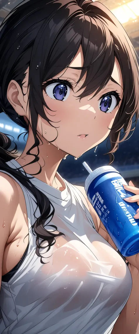 (((masterpiece)))、(( best quality))、( super detailed)、(CG illustration)、(Very beautiful woman))、 cinematic light 、((1 Female))、 、(Beautiful and luxurious:1.2)、( One Woman :1.3)Sports Stadium,,((Japanese white sleeveless gym clothes), and Im wet from sweat,...