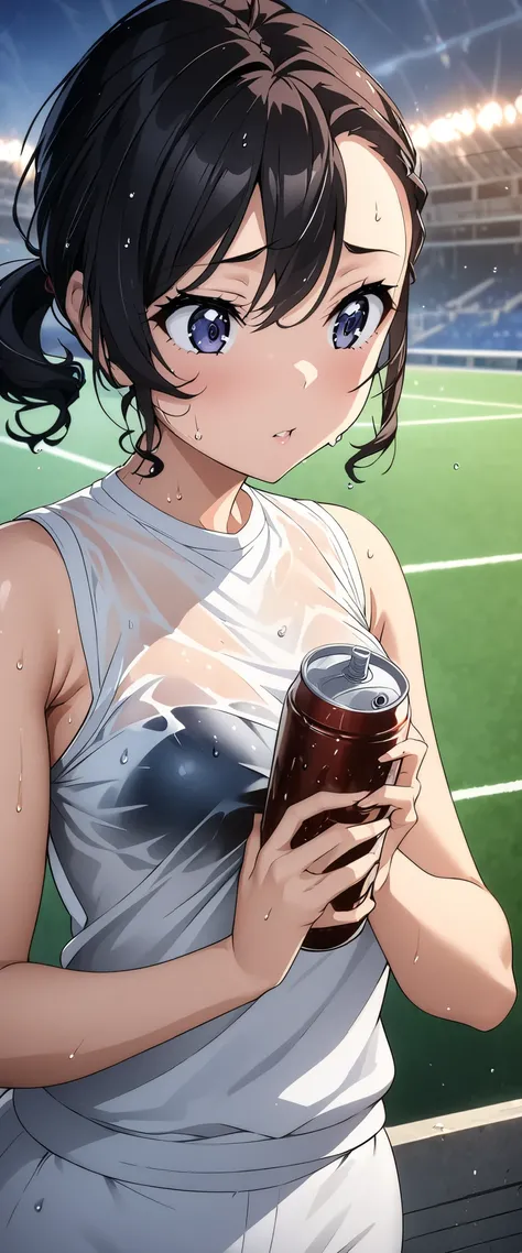 (((masterpiece)))、(( best quality))、( super detailed)、(CG illustration)、(Very beautiful woman))、 cinematic light 、((1 Female))、 、(Beautiful and luxurious:1.2)、( One Woman :1.3)Sports Stadium,,((Japanese white sleeveless gym clothes), and Im wet from sweat,...