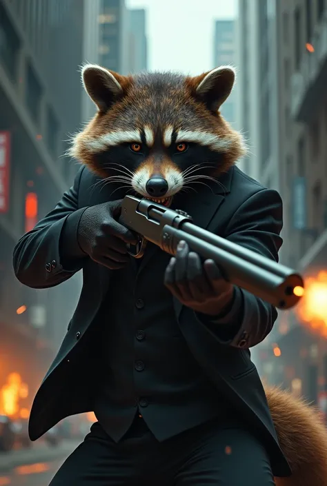 Raccoon fused with human in a black suit and with a shotgun shooting like crazy