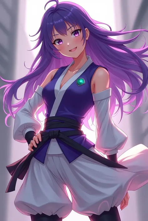 Anime girl, He is 20 years old,  her hair is purple and its very long and loose , her eyes are dark purple , He is very happy ,  shes a ninja but her costume is white and she has a purple vest