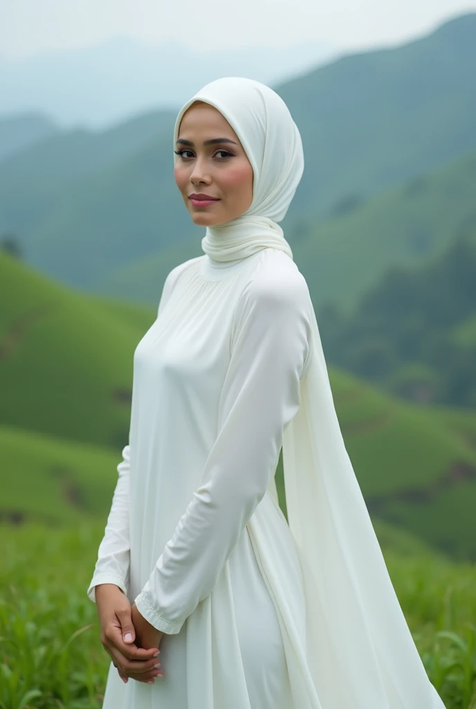 a beautiful Javanene woman 40 year old,wearing a soft white hijab,perfect make up,pink lips,perfect body,large breasts,wearing a long soft white muslim clotes,standing relaxed on the meadow on the mountain,high realistic,clear photo