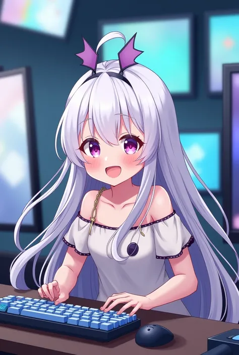 A very cheerful anime girl with long white ,  hair and two little bat hooks on her head, wearing bare shoulders and playing on the computer 