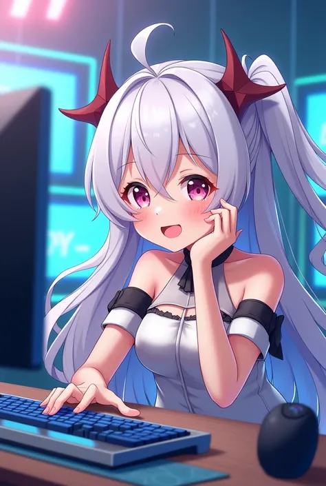 A very cheerful anime girl with long white ,  hair and two little bat hooks on her head, wearing bare shoulders and playing on the computer 