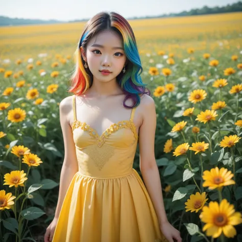  a very thin and small girl ,  Very Fine Angelic Traits, very young girl , Miranda Innocent , Asian Korean ,  small breasts,  blue eyes, With short rainbow-colored hair, In a flower field, with a yellow dress, all very detailed 