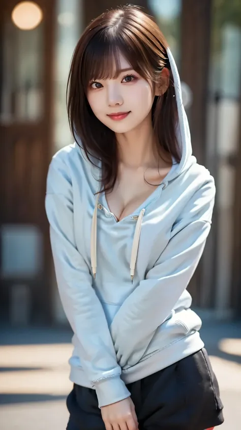 ( upper body : 1.3), ( hoodies  : 1.7), (Lean on ones elbow : 1.8), Seated, Feminine dark hair , ( Delicate and realistic hair, 1 1 Realistic Hair), bangs, natural colored lips, smile, ((white indoor)), ( 18 year old female : 1. 2), young and adorable Japa...