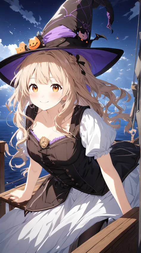 1 girl, (cute face), 18 years old, to many hairstyle, (curious, wide smile), (blush), medium breasts, slim, (wearing fantasy game style witchs costume, Dirndl), (witchs Hat:1.2), (leaning forward:1.3), (standing on Ship deck, arm support on ships gunwale:1...