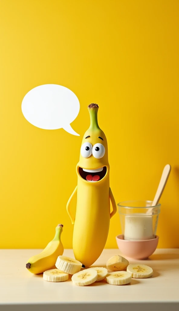 A yellow banana with a smiling face, having big eyes and a cheerful mouth, is standing on the kitchen table against a bright background. The banana is "talking", depicted with dialogue bubbles. Around it there are several banana slices and simple kitchen t...