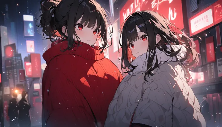  下から 、（iPhone）Watch iPhone 、 smartphone 、snow、  Sad face、Teary-eyed 、red eyes、  black hair、  ponytail、 Short Bang 、squint、 Adult female、  black hair、  Im brushing up my hair   、、  girl、  Im wearing a warm sweater on my upper body、Street lights in the city ...