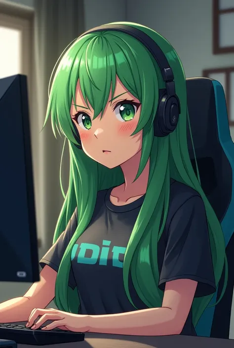  anime style .  Contemporary anime trait,  More realistic. 
adult woman, tan brown skin tone ,  long green hair ,  fringe divided into 3 parts , green eyes, PC headset,  green eyebrows  ,  Sitting in a gaming PC chair looking to the side with frowning eyeb...