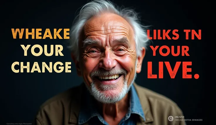 A reactive facial expression of an old man showing emotions like enthusiasm, peace, or confidence. Large, bold text that conveys the main message or topic (e.g., SUCCESS, NEVER GIVE UP, CHANGE YOUR LIFE). Use bright and contrasting colors with a black-them...