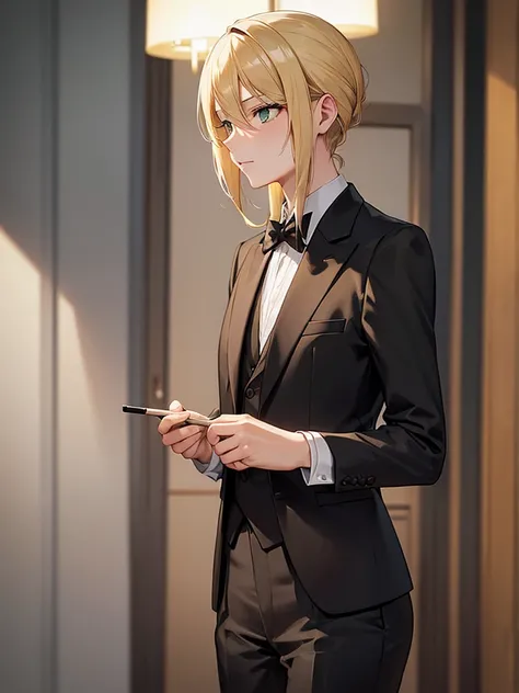 German girl, blonde hair, green eyes, wearing black suit, formal wear, smoking suit