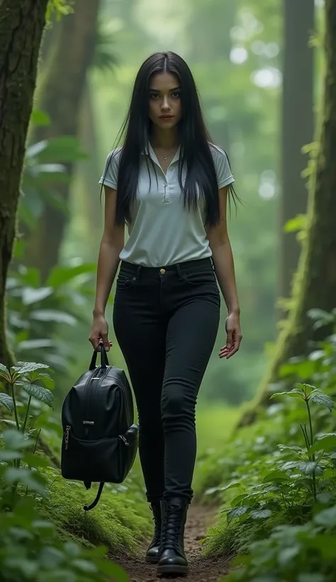 woman with black eyes ,  with straight black hair ,  slim and curvy build,  white polo and black pants , black boots,  black travel backpack ,  walking with admiration and surprise. Place a forest 