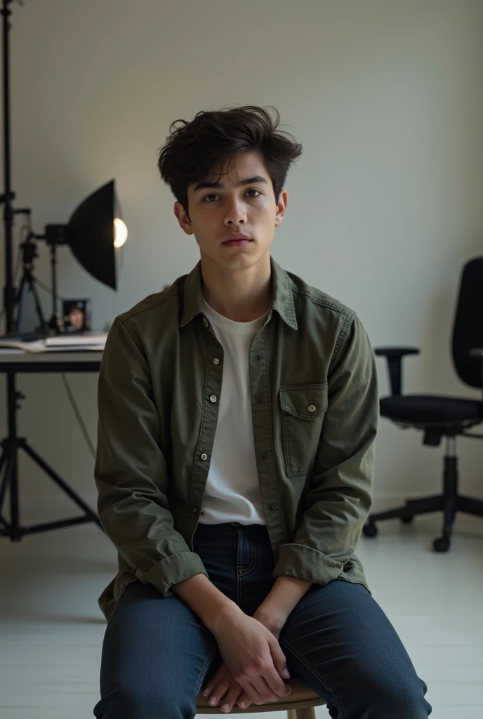 A young siting on chair, behind on desk straight face in camera in background is studio 