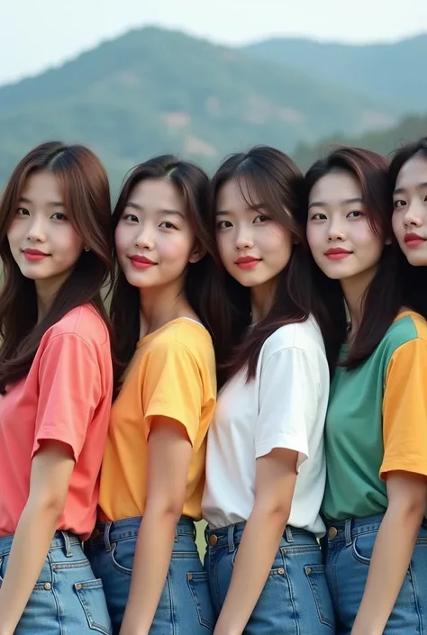  Showing real , 6 beautiful women   oriental korean face ,  wearing different colored t-shirts and jeans skirts,  as doing photoshoot , compact line up , Landscape