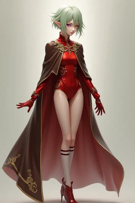 femboy, thin man, effeminate, totally without breasts/breasts, with light green hair , purple eyes with orange ,  very fair skin and red clothing with long sleeves that dont cover the legs,  brown cape with gold edges and white bands on the legs.