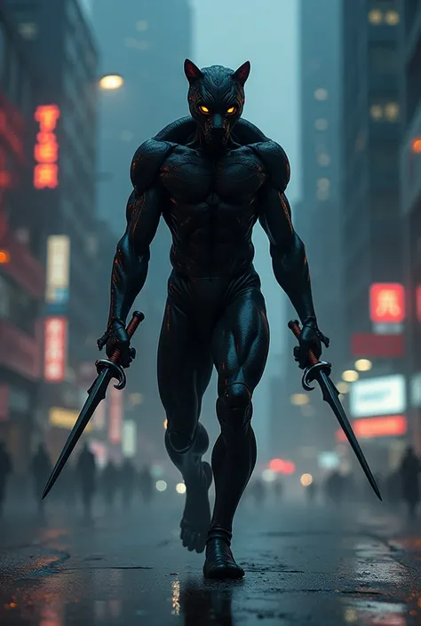 " A humanoid figure with traces of a black panther ,  with shiny skin and penetrating amber-colored eyes . The creature is agile and stealthy ,  wielding blades hidden in its wrists .  The setting is a dark night in a futuristic city ,  with skyscrapers il...