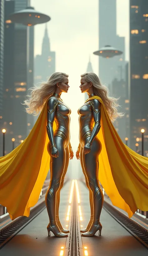 Twin-like female heroes with shimmering golden capes, sleek silver and yellow costumes, and a glowing aura of duality, standing on a bridge between two futuristic cities.