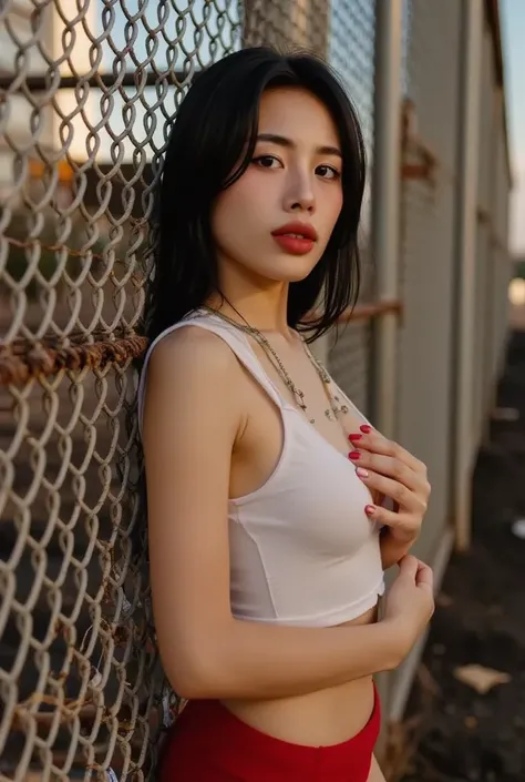 Gorgeous 25-year-old Korean woman is seen behind her back against a chain link fence , A warm bath , , golden light . , her facial expression is intense and focused  , , a sharp shadow flows across the face from the fence  ,  accentuates her appearance . W...