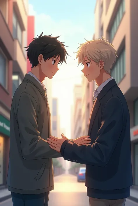 A man show kindness to another man.  Anime pic look realistic