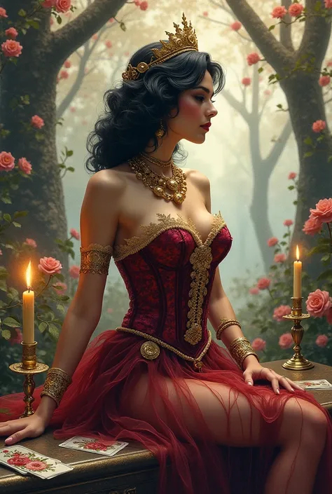  Beautiful woman with dark skin in profile ,   sexy victorian corset in wine and gold,  gold crown and gold belt , lace on arms tulle skirt color lace with lace colors watercolor style , lots of gold necklaces and rings , sitting on a coffin . 40s style we...