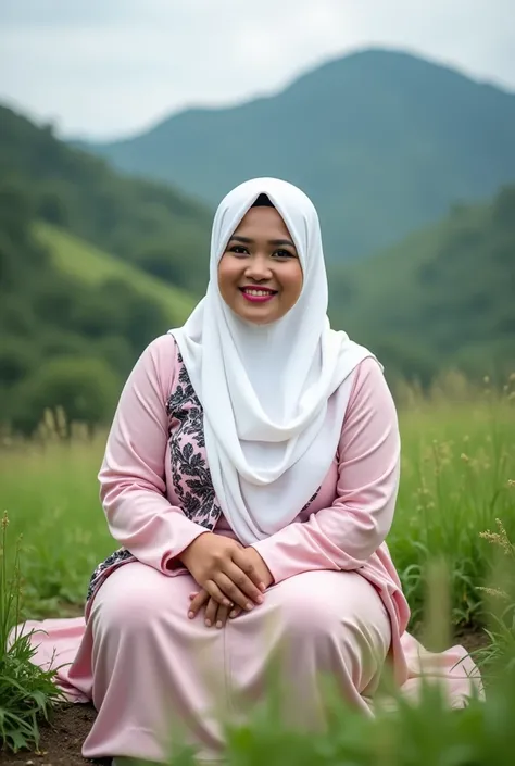 a beautiful Javanene woman 40 year old,wearing a soft white hijab,perfect make up,pink lips,plump  body,large and big breasts,wearing a long soft light pink muslim clotes black batik motif,sitting relaxed on the meadow on the mountain,high realistic,clear ...