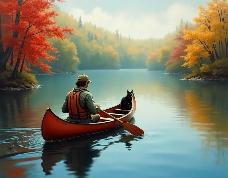 Realistic, theme is "Quiet Lake", oil painting, impressionism, An Indian canoe sailing along the lush, calm lake surface, a black cat is on the bow of the natural wood Indian canoe, the man paddling the canoe is an outdoor enthusiast, ahead of the canoe yo...