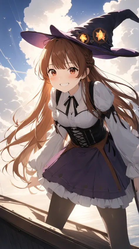 1 girl, (cute face), 18 years old, to many hairstyle, (curious, wide smile), (blush), medium breasts, slim, (wearing fantasy game style witchs costume, Dirndl), (witchs Hat:1.2), (leaning forward:1.3), (standing on Ship deck, arm support on ships gunwale:1...