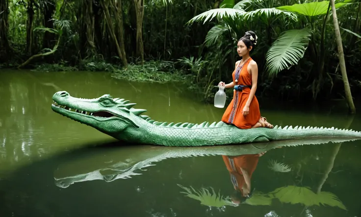 A cute woman (tribal dress, hair up, sandals, clay pitcher) is filling her pitcher at a tranquil lake, a green dragon slowly swims towards her like a predatory crocodile with only its eyes and a few bends breaking the surface of the water with gentle rippl...