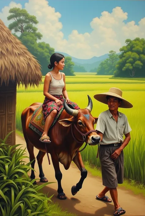 Can you create an reference painting with the theme "sining at agrikultura: isang pamana" And the details is
Background: palay
Has 1 carabao and 2people which is 1  and 1 elder and add some more details like "kubo" In salakot hat Phillipines, the  is on th...