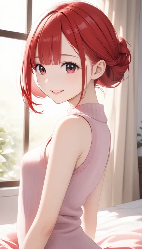  1 cute  girl ,Young Face、 slim figure、Thin legs、８Head to Body、((Beautiful red hair color 、 inner color hairstyle、 with fully trimmed ends 、A cute and young hairstyle))、(( wearing a sleeveless tight one-piece sweater))、  lens flare ,Natural colors,  high d...