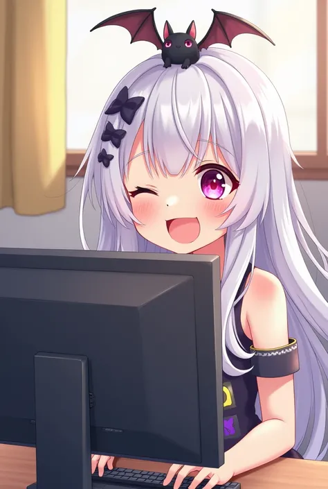 A very cheerful anime girl with long white , Largo and two little black bats on his head ,  wearing clothes with bare shoulders and playing a game on the computer